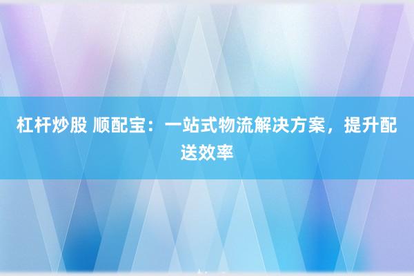 杠杆炒股 顺配宝：一站式物流解决方案，提升配送效率