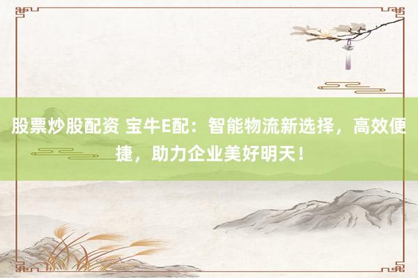 股票炒股配资 宝牛E配:智能物流新选择,高效便捷,助力企业美好明天!